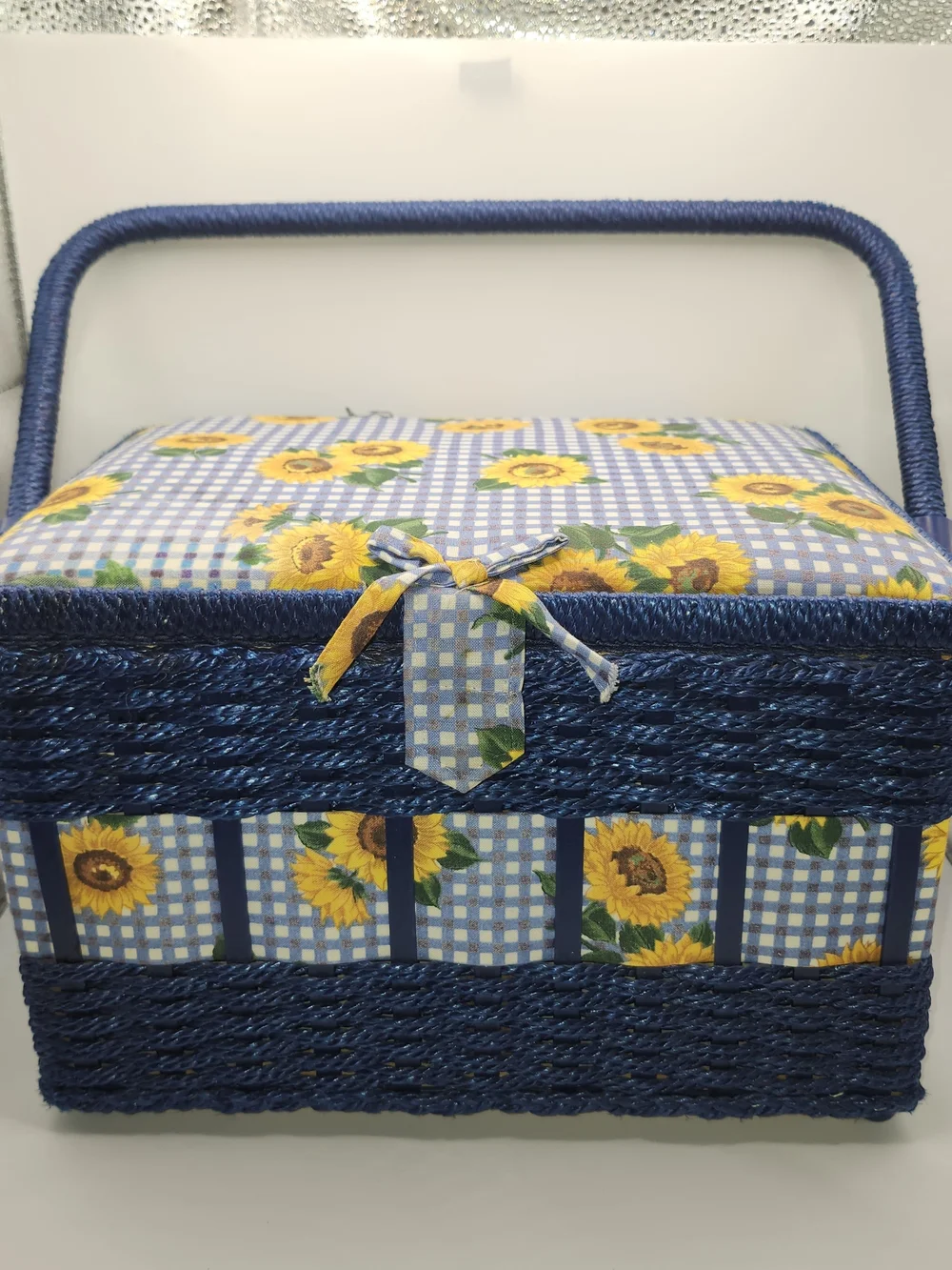 Vtg Wicker Sewing Basket Blue With Sunflowers Notions Storage Box With Handle